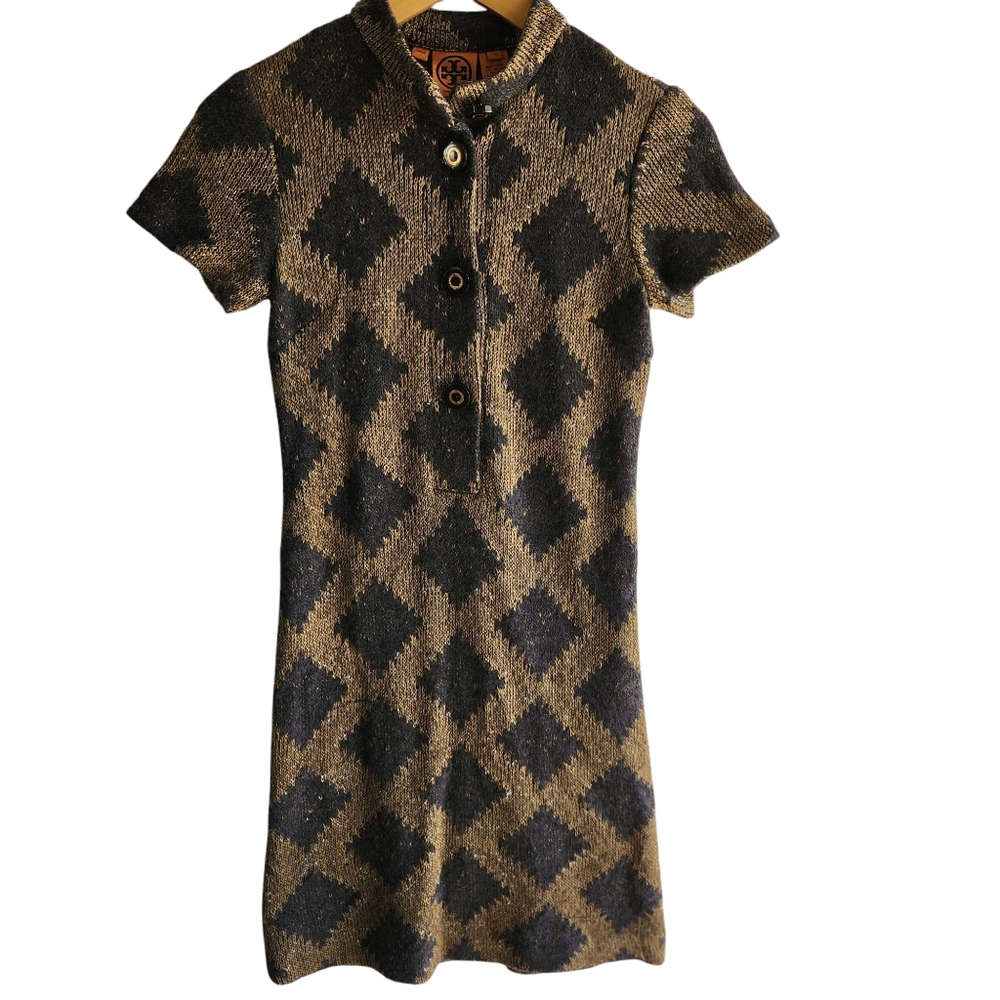 Tory Burch Argyle Green and Gold Knit Dress, Size- XS